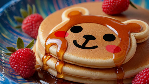pancakes with strawberriesม cute pancake smiling bear face with honey topping
