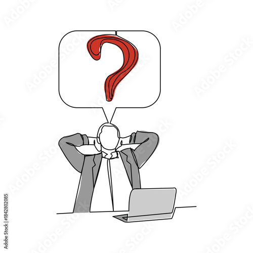 Continuous single line sketch drawing of thinking man with questions mark speech bubble. One line art of business man thinking idea. Vector illustration editable stroke