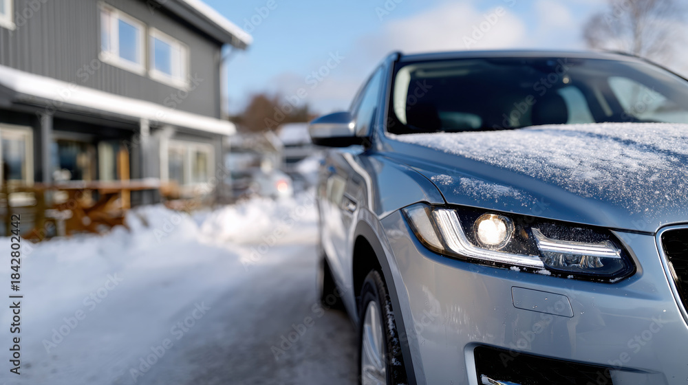 Obraz premium A close-up view of a snow-covered car parked in a tranquil residential area, highlighting the contrast between the sparkling snow and the bright blue winter sky above.