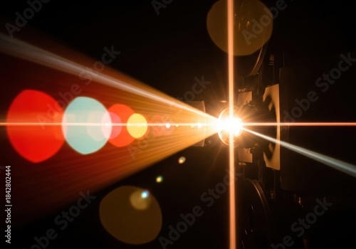 Bright lens flare effect with radiant light streaks and colorful circles on a dark background