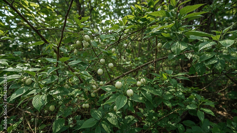 Obraz premium Green leafy shrub with small white berries amid dense foliage.