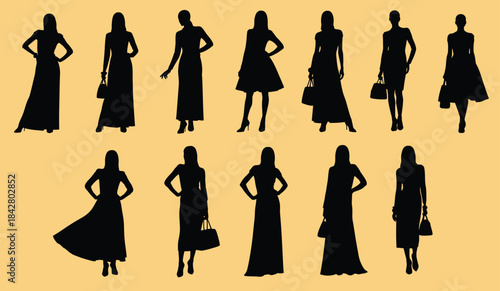 Elegant silhouettes of women in long dresses and carrying handbags