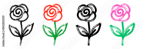 Rose set childlike chalk and marker drawing with playful hand drawn contour and expressive textured strokes. Botanical rose elements illustrated in black outline version and colorful marker style.