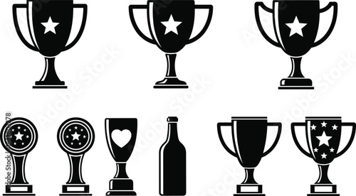 Collection of ten black trophy icons and winner medals, featuring soccer ball emblems and classic cup shapes, symbolizing competition, sports championship, victory, and award vector illustration.