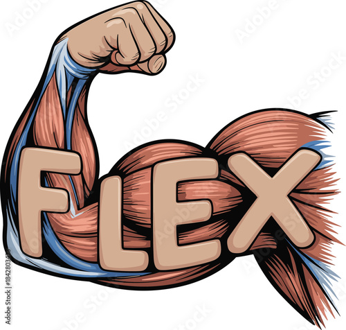 Strong flexing arm with muscular anatomy illustration and bold text design emphasizing fitness strength motivation artwork
