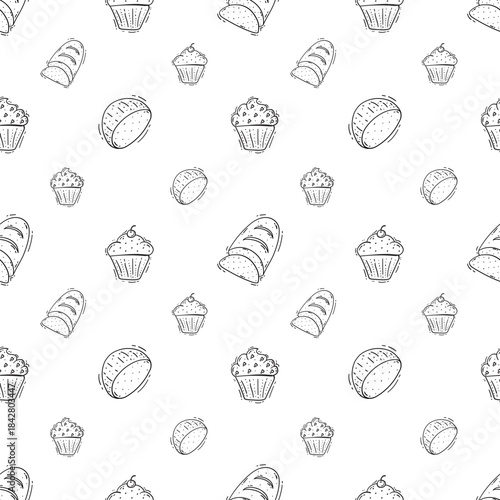 Hand Drawn Bread seamless pattern. Doodle Bakery pattern background