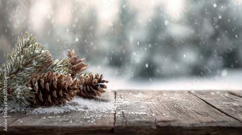 Fir Branches and Frosty Pinecones on Snowy Wooden Table with Wintry Blizzard Background