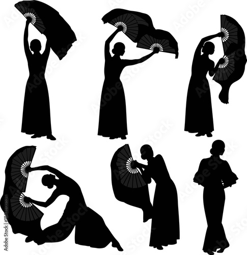 Flamenco Dancers with Fans Silhouette Vector Set