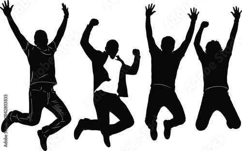 Set of four happy, excited people silhouettes, jumping high in the air with arms raised and fists clenched, celebrating success, victory, or freedom, full vector illustration.
