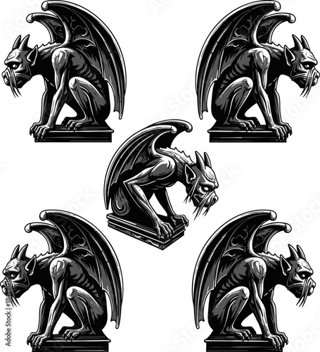 Gothic Gargoyle Statue Silhouette Vector Set