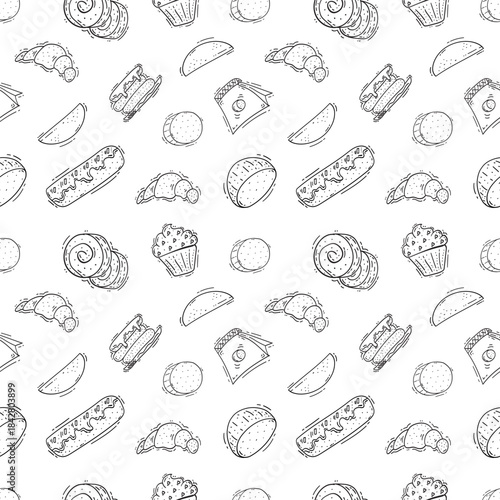 Hand Drawn Bread seamless pattern. Doodle Bakery pattern background