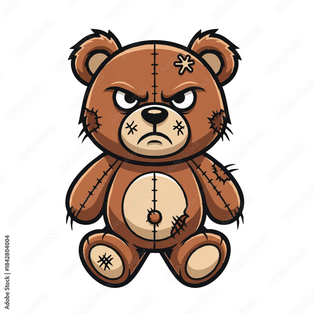 Obraz premium An angry teddy bear mascot with a tough expression and visible torn stitching is presented as a menacing flat 2D illustration isolated on a clean white background.