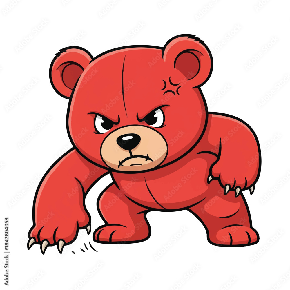 Fototapeta premium This aggressive flat 2D teddy bear mascot vector illustration is fiercely scraping the ground in a crouched position, vividly ready to rush forward on a bright, isolated white background.