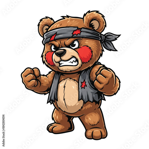 Angry teddy bear mascot, depicted in a flat 2D vector illustration style, stands ready for a fight with a battle-ready posture on a clean white background.