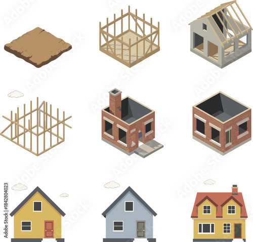 Isometric illustration showing multiple house construction stages from ground preparation to framing, brickwork, roofing, completion