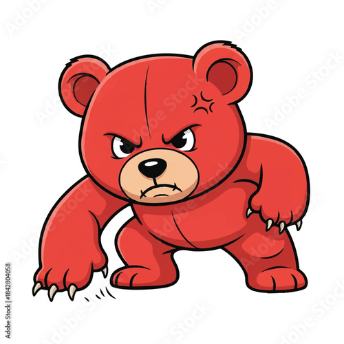 This aggressive flat 2D teddy bear mascot vector illustration is fiercely scraping the ground in a crouched position, vividly ready to rush forward on a bright, isolated white background.