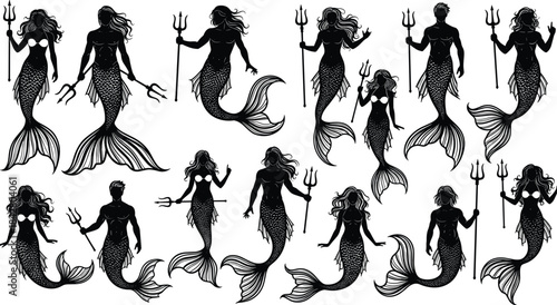 Collection of twelve black silhouettes of mermaids and tritons holding tridents, featuring detailed fish scale textures, symbolizing fantasy, mythology, and ocean lore vector illustration.