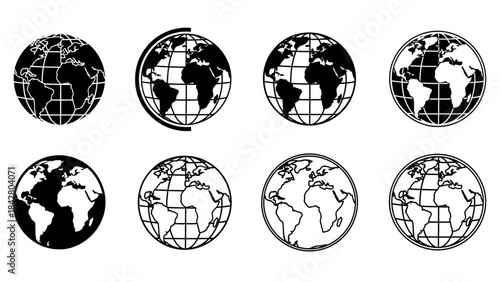 World Map Globe Icon Set – Earth Hemisphere Silhouette Vector Collection