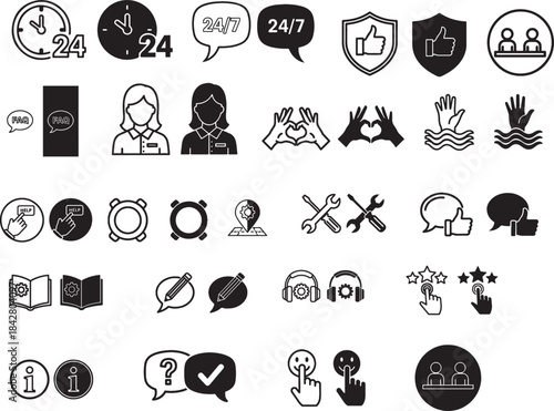 Support Tools Vector Icons – Outline Silhouette Set for Help Desk, Customer Service, Technical Assistance & IT Support