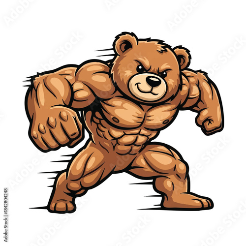 Dynamic muscular teddy bear mascot vector illustration captured in a 2D flat style, shown mid-stride in an aggressive charging stance on a clean white background, conveying power and readiness.
