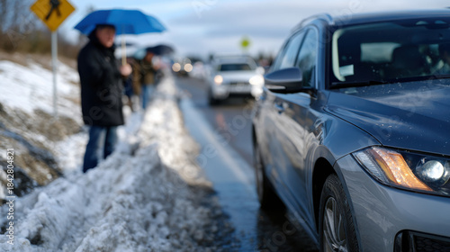 Individuals gathered on a snowy roadside, each holding umbrellas, collectively facing the challenges of winter while creating a scene rich with human connection and urban life.