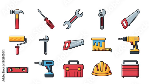 Collection of Construction and Repair Tools Isolated on White.
