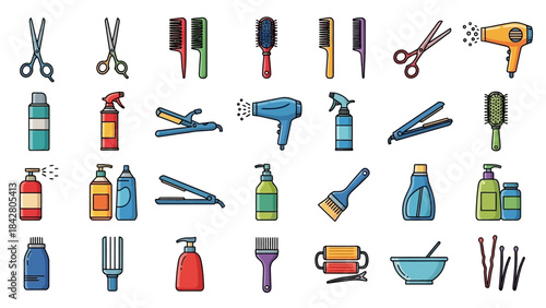 Collection of Hairdressing Tools and Products for Styling.