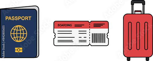 Travel essentials passport boarding pass suitcase