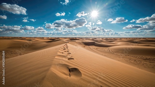 Fototapeta Naklejka Na Ścianę i Meble -  Desert landscape with sand dunes and footprints under a bright sun, blue sky, and clouds.