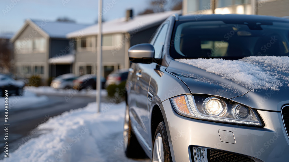 Fototapeta premium A silver SUV parked on a snowy street with urban homes in the background, encapsulating the challenges and beauty of winter in a city environment.