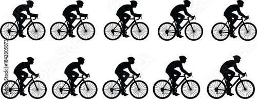 Silhouettes of cyclists in motion, group biking activity, sport transportation concept, repetitive pattern, side profile riders, fitness and speed
