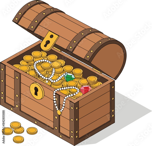 Isometric Treasure Chest Filled with Gold Coins
