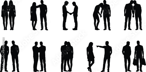 Silhouetted people pairs, human interaction poses, friendship and intimacy, body language illustration, black vector icons, social behavior concept