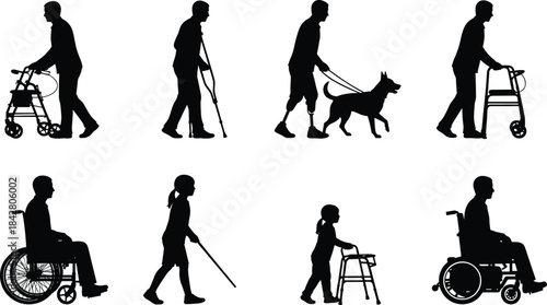 Silhouettes of disabled individuals, mobility aids diversity, accessibility concept, wheelchair users, guide dog, crutches, walker, inclusive design, support