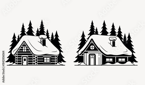 Two snowy cabins in a forest winter scene