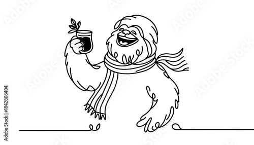 Laughing yeti holding mulled wine, single line art on white background