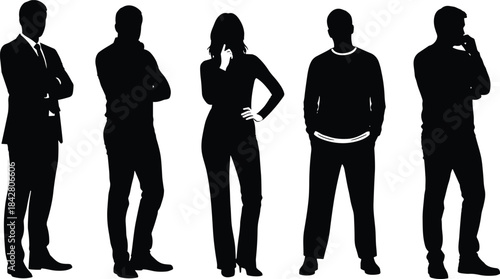 Silhouettes of five people in thoughtful poses, black figures showing posture diversity, group dynamics and decision-making illustration
