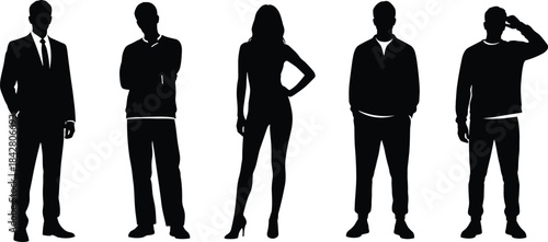 Silhouettes of five people in varied attire and poses, black figures showing personality, profession and attitude illustration