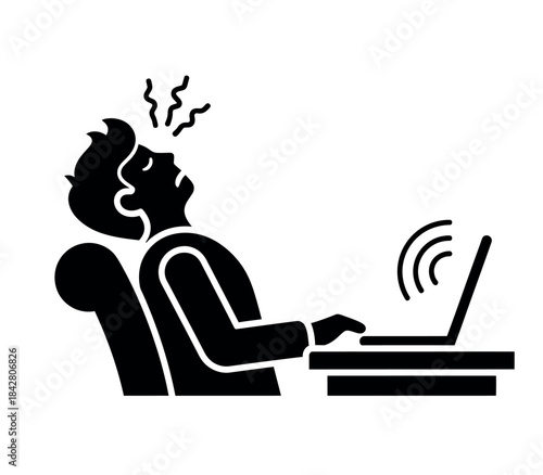 Stressed man working on laptop icon showing fatigue and headache