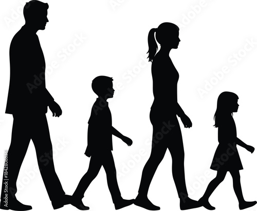 Silhouettes of four walking figures in family formation, black illustration showing unity, movement and generational representation