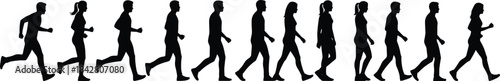 Silhouettes of people transitioning from running to walking, black figures showing motion sequence, posture and gait illustration