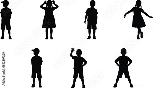 Silhouettes of seven children in playful and expressive poses, black figures showing body language, gesture and posture illustration
