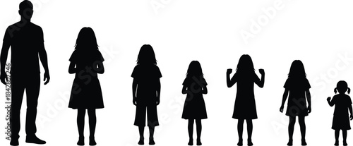 Silhouettes of seven people in height sequence, black figures showing growth stages from adult to child, development illustration