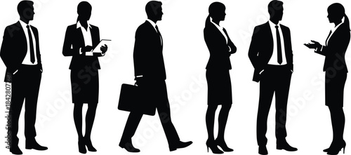 Silhouettes of six business professionals in formal attire, black figures showing workplace poses, corporate communication illustration