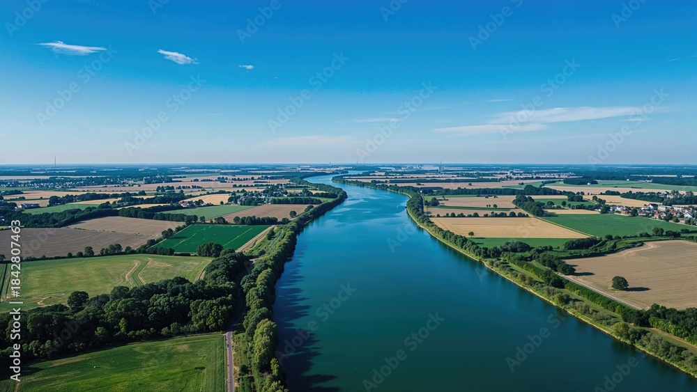 Fototapeta premium River landscape from aerial view with lush green fields, trees, and a winding waterway under a bright blue sky. Nature and rural scenery, across open fields and water.