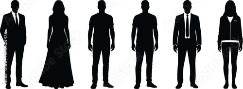 Silhouettes of six people in formal and casual attire, black figures showing fashion contrast and gender representation illustration