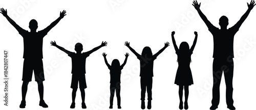 Silhouettes of six people with raised arms, black figures showing unity and joy, family or group celebration illustration