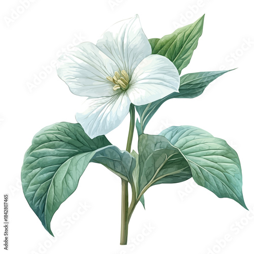 Trillium Flower, lively watercolor vector drawing with intricate brush, isolated on a white background.