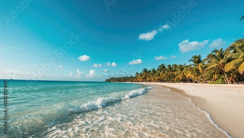 Fototapeta Naklejka Na Ścianę i Meble -  Tropical beach scene with clear turquoise water, white sandy shore, and lush palm trees under a blue sky with clouds.