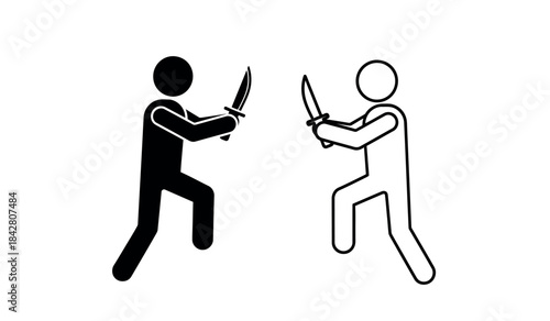 Stick figure duel with swords black and white